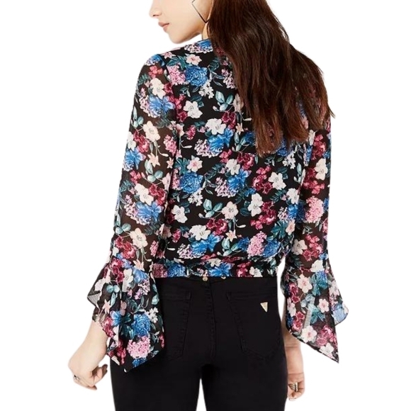 Guess Wrap Style Boho Floral Blouse Top Statement Sleeves Spring Summer Sheer - Picture 5 of 13